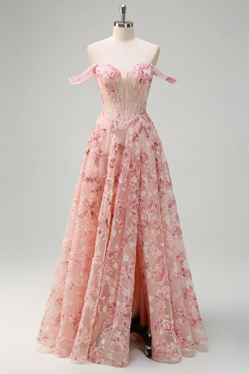 Rosa floreale Off The Shouder A-Line corsetto Abito da cerimonia con fessura